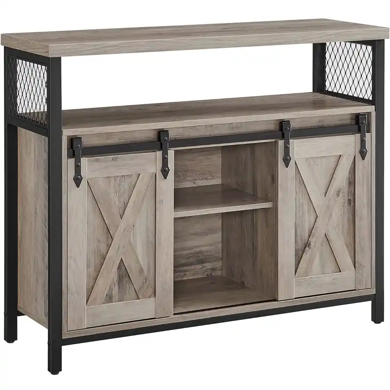 Preferatul clienților RESIGILAT VASAGLE Comoda pentru living sau bucatarie, cu 2 usi glisante, rafturi reglabile, stil rustic, 33x100x80cm, gri