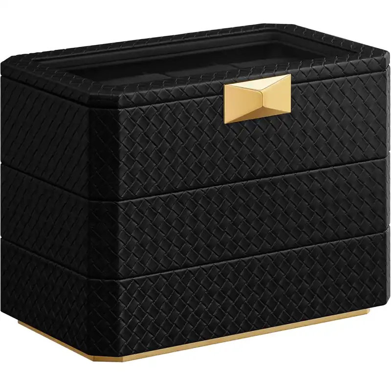 Doar azi SONGMICS Cutie bijuterii si ceasuri Ronne, 3 niveluri, capac sticla, 27x20x16 cm, negru texturat