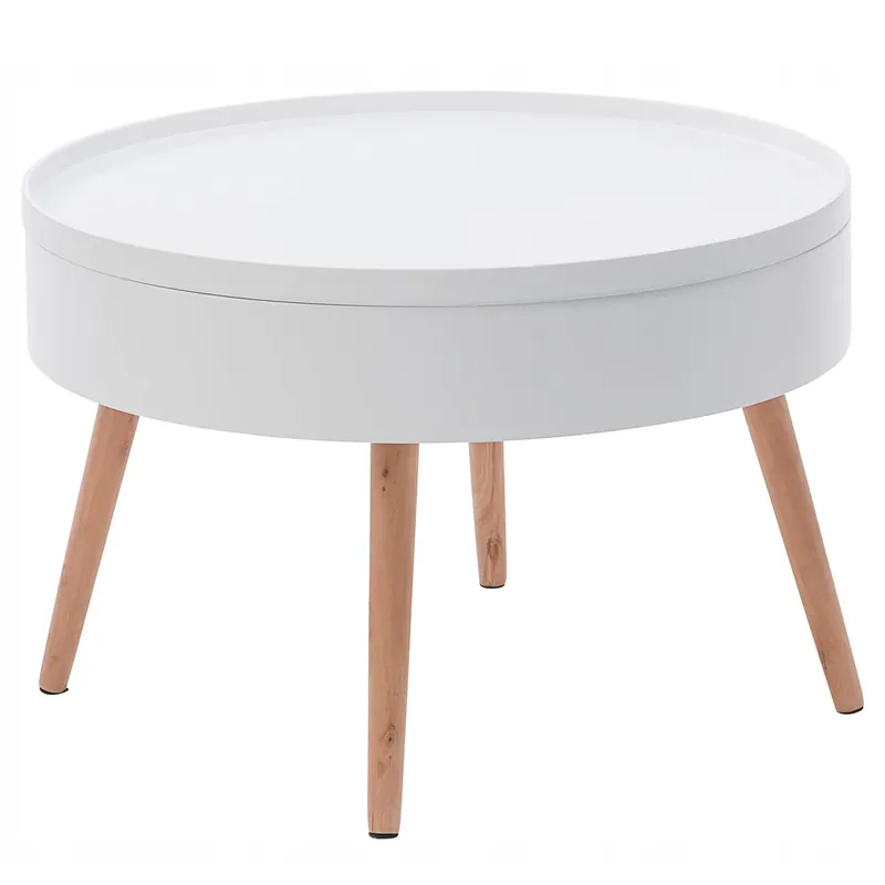 Reducere RESIGILAT Masuta de cafea rotunda 60×40 cm, cu blat detasabil si spatiu depozitare, picioare din lemn de pin, alba
