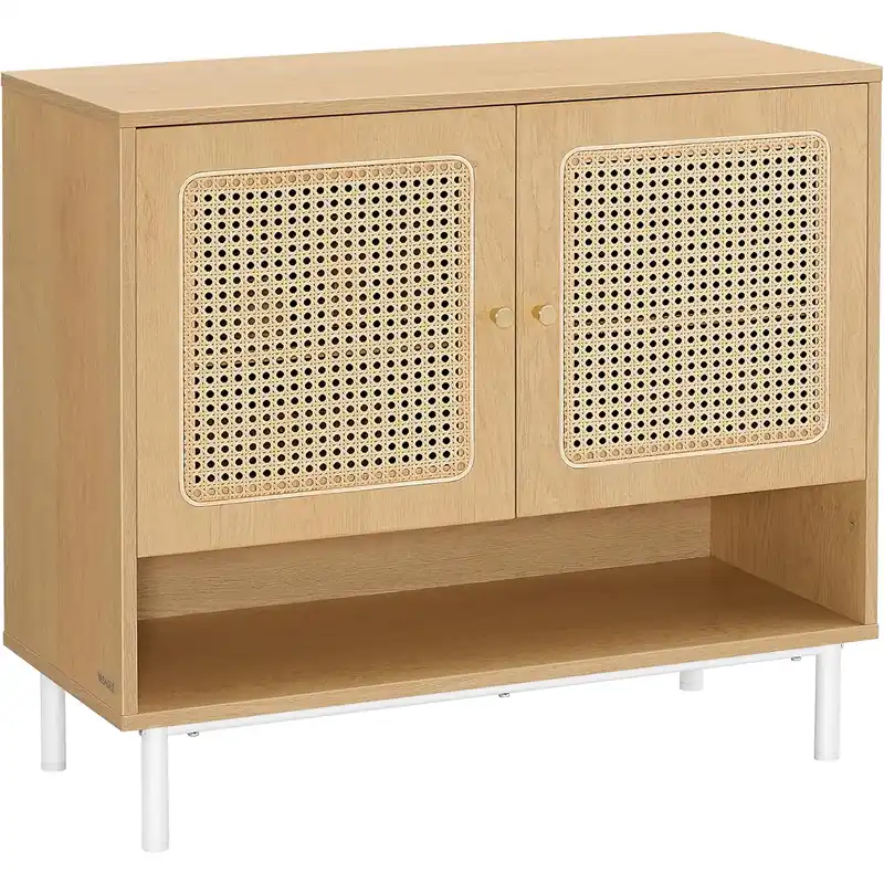VASAGLE Raft pantofi 3 usi cu aspect ratan, cadru PAL si picioare metalice, stil boho, 80x35x70 cm, stejar bej Preferatul clienților