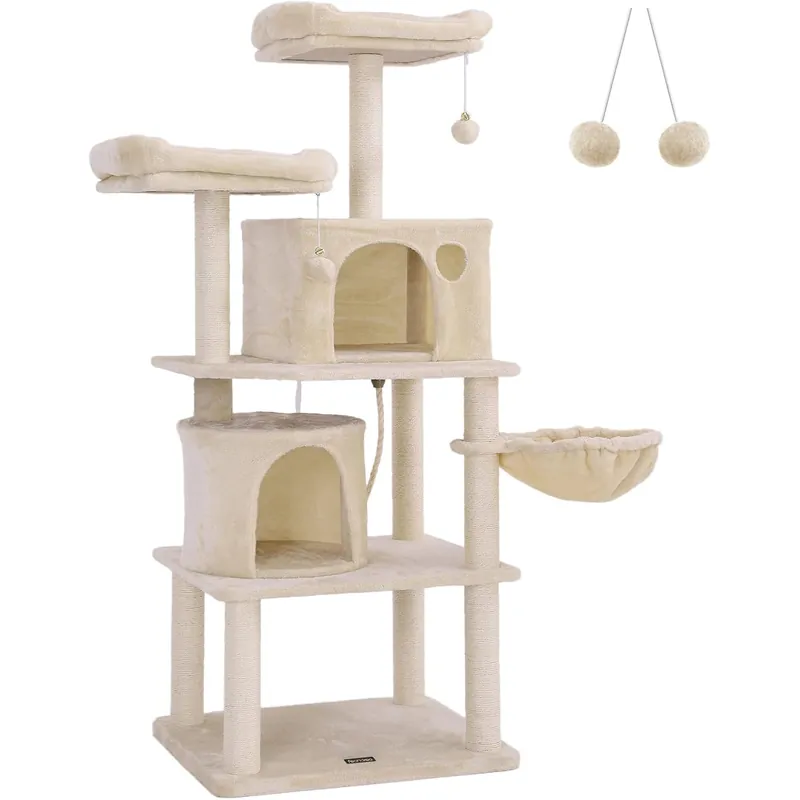 FEANDREA Ansamblu de joaca pentru pisici 152 cm cu stalpi sisal, 2 casute, cos plus si platforme, bej Reducere