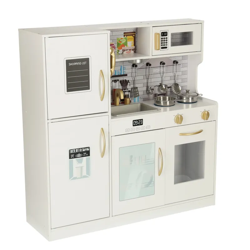Reducere Bucatarie copii din lemn cu frigider, accesorii si electrocasnice grafice, 80x24x80 cm, alb