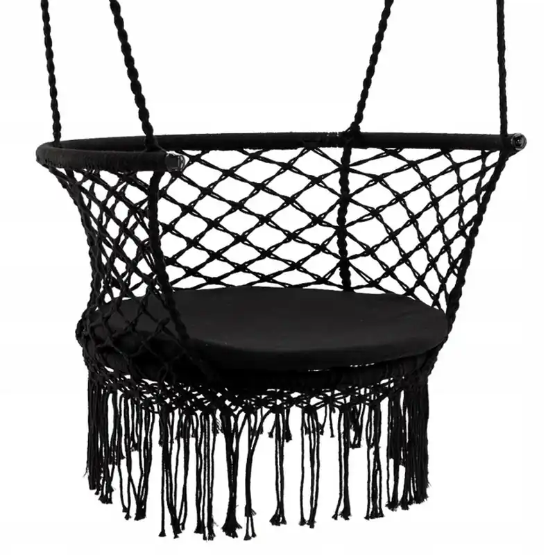 Premium Scaun rotund tip leagan suspendat pentru casa sau gradina, cu franjuri, 150kg, cu perna, negru