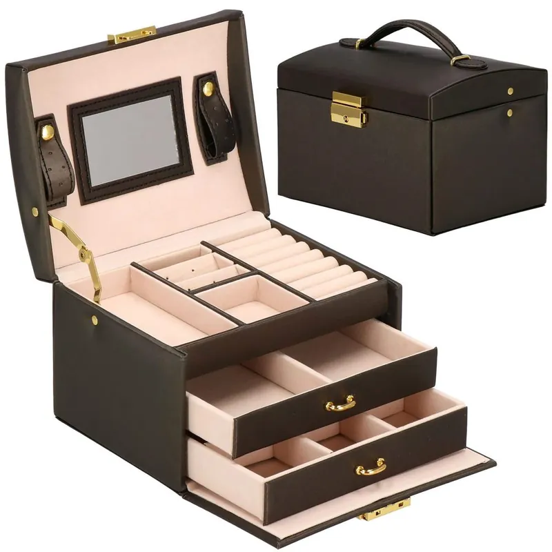 Preferatul clienților (DL) Cutie depozitare si organizare bijuterii, piele ecologica + piele intoarsa, 17,5 x 14 x 12,5 cm, maro inchis