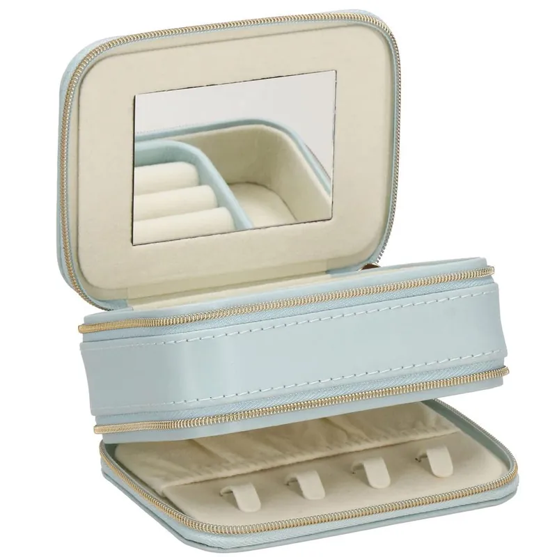 (DL) Cutie depozitare si organizare bijuterii, piele ecologica + velur, 11,5 x 8,5 x 5,5cm, albastru pal Livrare rapidă