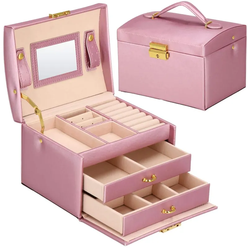 Chilipir (DL) Cutie depozitare si organizare bijuterii, MDF, piele ecologica si velur, 17,5 x 14 x 12,5cm, roz