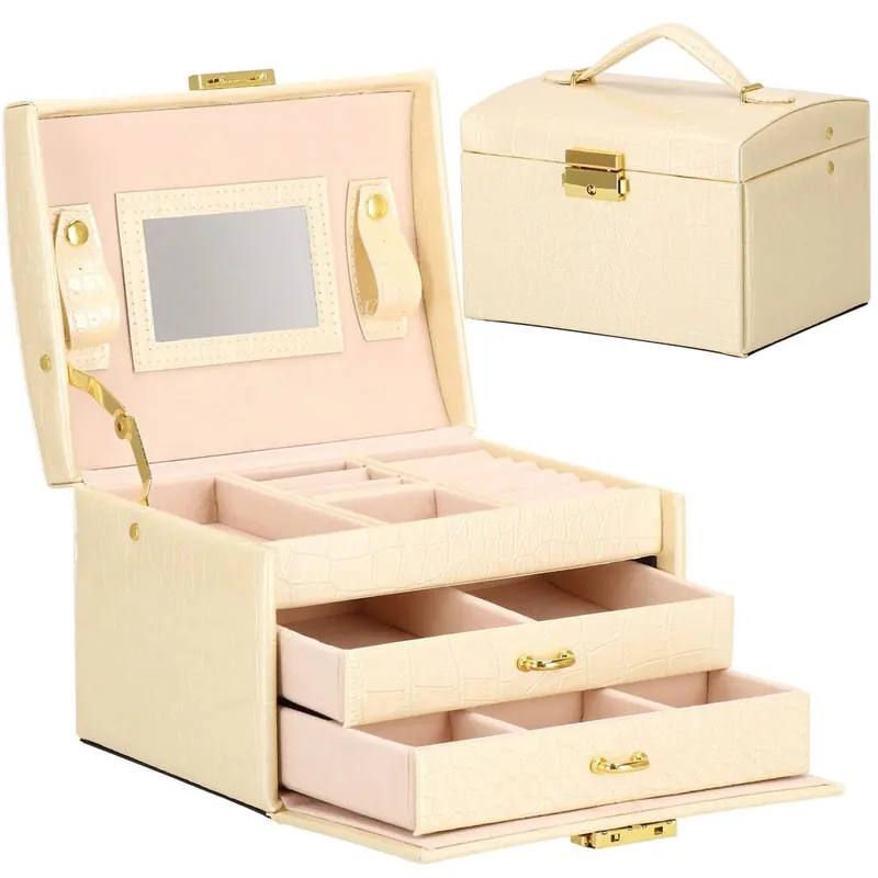(DL) Cutie depozitare si organizare bijuterii, MDF, piele ecologica si velur, 17,5 x 14 x 12,5cm, crem Comandă acum