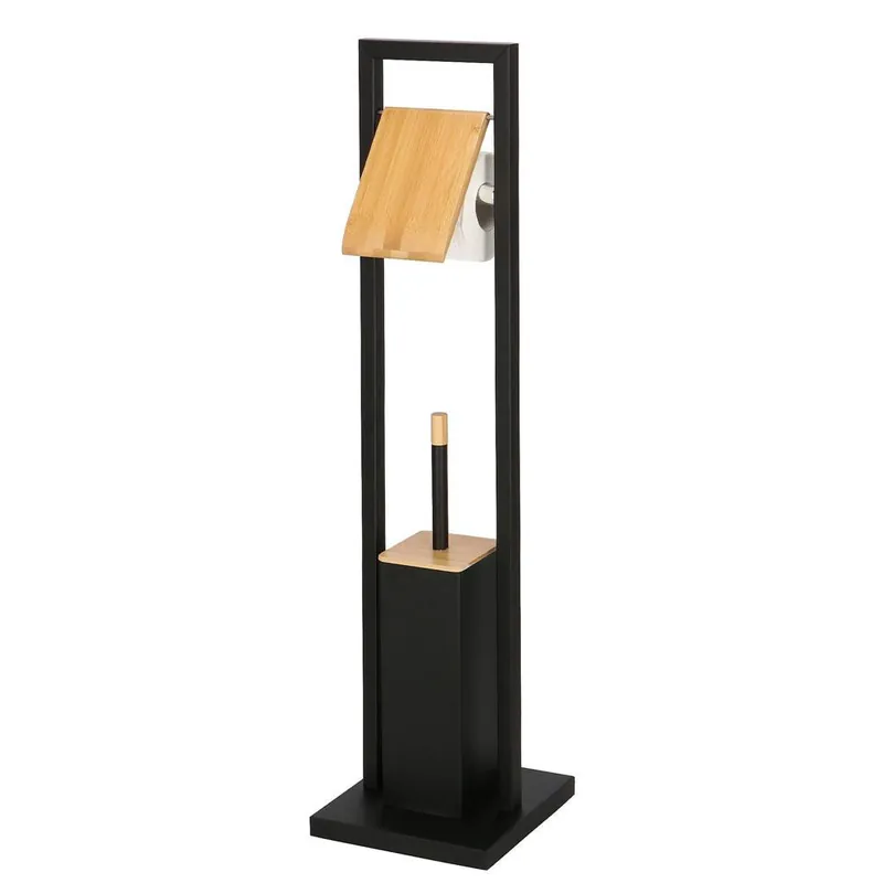 Preț redus Stand cu perie WC si suport hartie igienica, metal si bambus, 80cm, negru