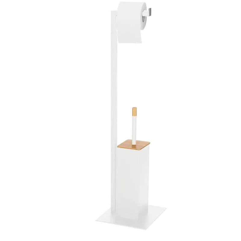 Stand cu perie WC si suport hartie igienica, metal si bambus, 79cm, gri deschis Nu rata