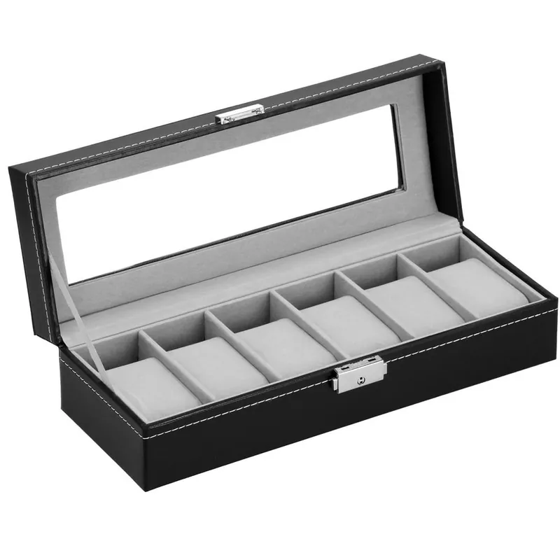 (DL) Cutie depozitare si organizare ceasuri, MDF, piele ecologica, 30x11x8cm, negru gri Retur ușor