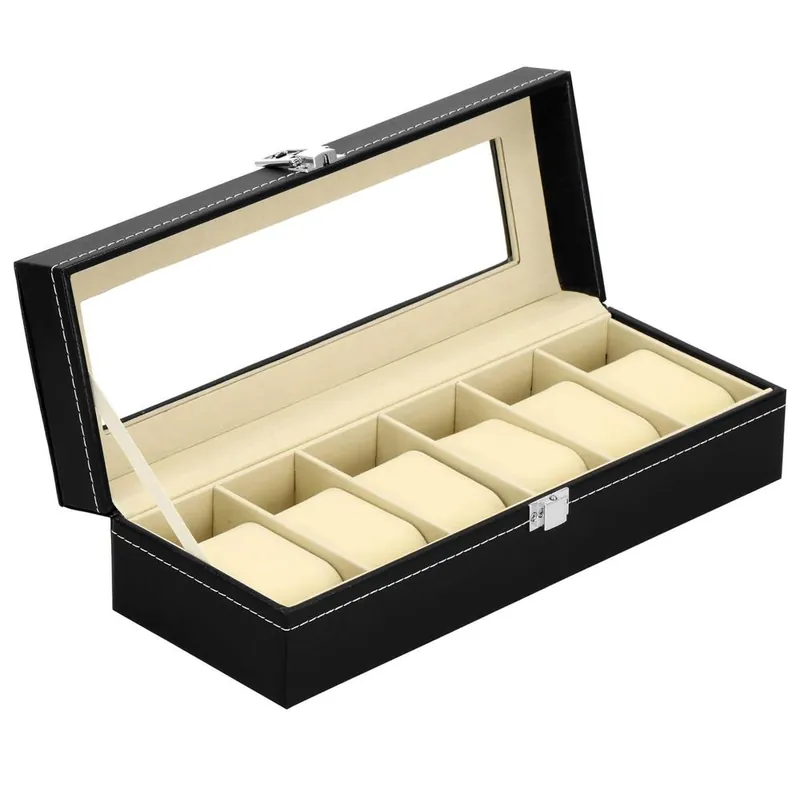 Cutie depozitare si organizare ceasuri, MDF, piele ecologica, 30x11x8cm, negru Ofertă de sezon