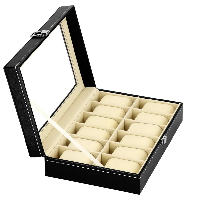 Ofertă Cutie depozitare si organizare ceasuri, MDF, piele ecologica, 30x20x8cm, negru interior crem