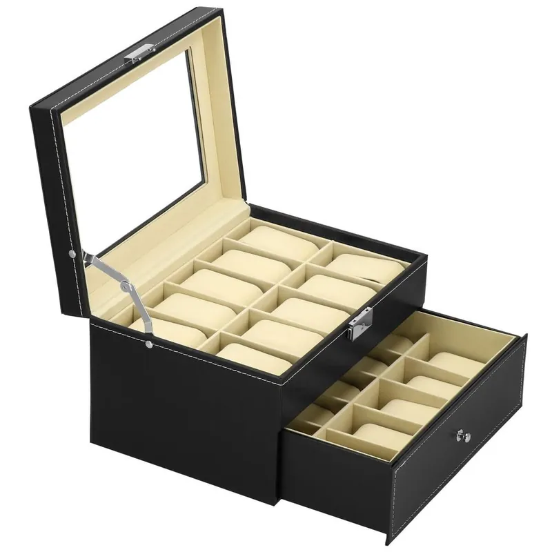 Ofertă Cutie depozitare si organizare ceasuri, MDF, piele ecologica, 28x20x16,5cm, negru interior crem