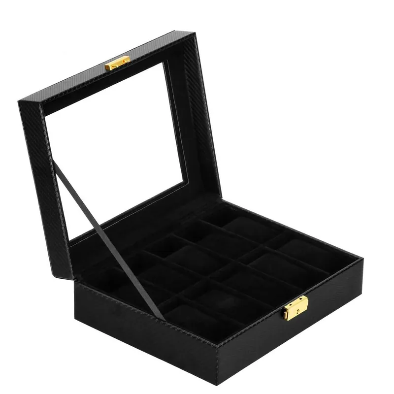 Doar azi (DL) Cutie depozitare si organizare ceasuri, MDF, piele ecologica, 25x20x8cm, negru carbon