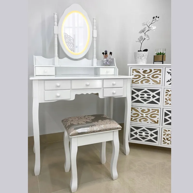 Set Masa de toaleta si machiaj cu taburet Chic, alba, cu 7 sertare si oglinda, iluminare LED, 90x40x146 cm Reduceri