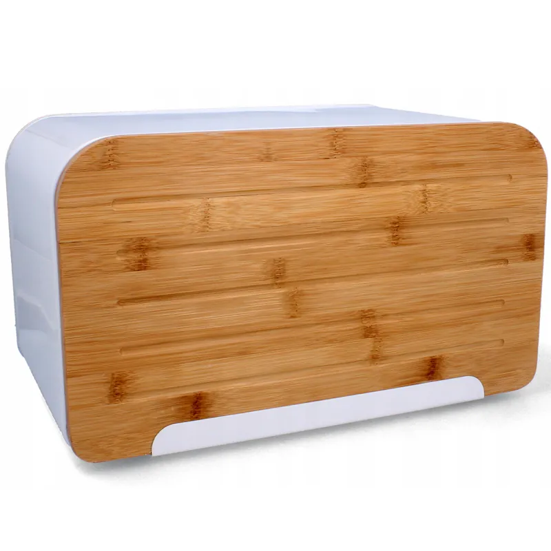 (DL) Cutie depozitare paine metal, cu capac frontal din bambus, 35x21x20 cm, alb si maro Lichidare de stoc