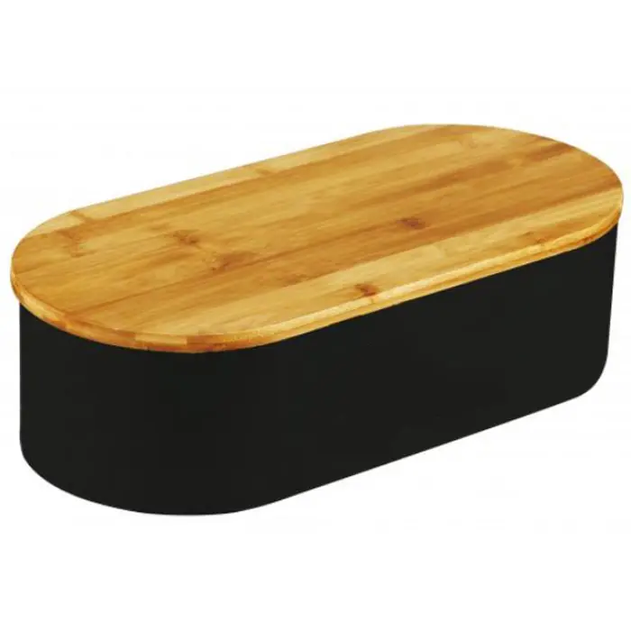 (DL) Cutie depozitare paine metal, cu capac bambus, 34x18x12 cm, negru si maro Preț redus