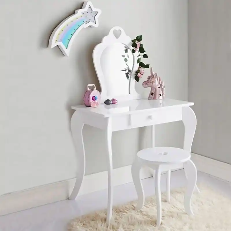 Set Masa de toaleta pentru copii Elza, alba, cu oglinda si taburet, 71x50x108 cm Bestseller