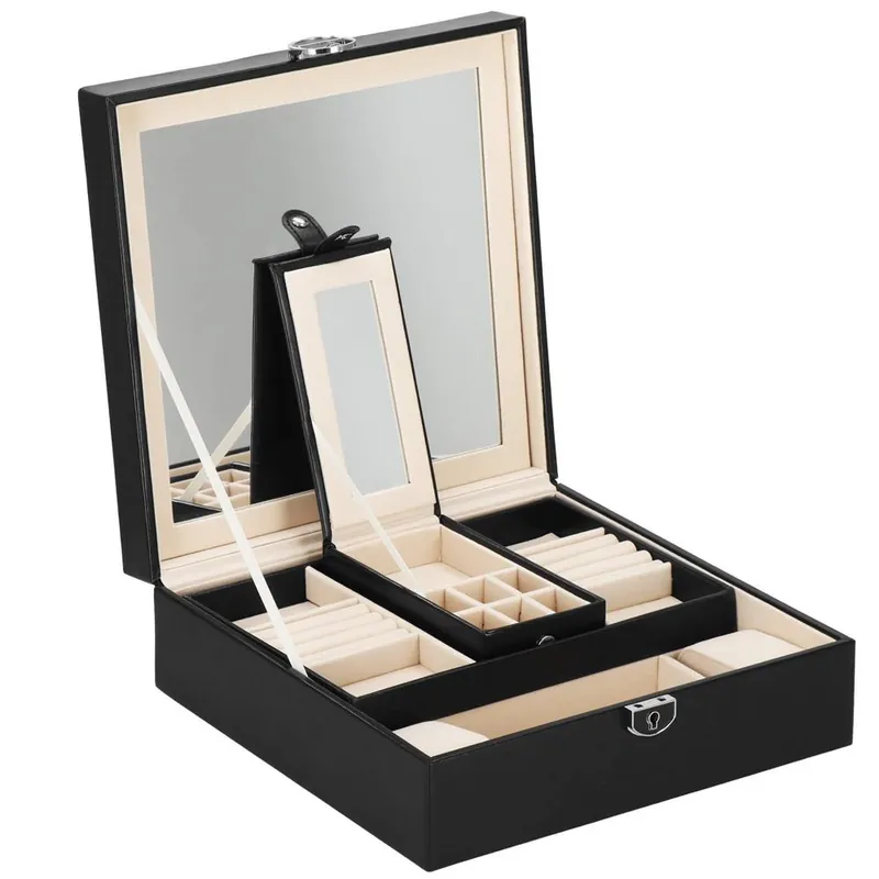 (DL) Cutie depozitare si organizare bijuterii, MDF, piele ecologica, 25 x 25 x 8,5cm, negru Preț mic