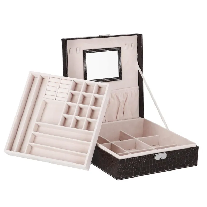(DL) Cutie depozitare si organizare bijuterii, MDF, piele ecologica, 26 x 26 x 8,5cm, negru sarpe Mai ieftin