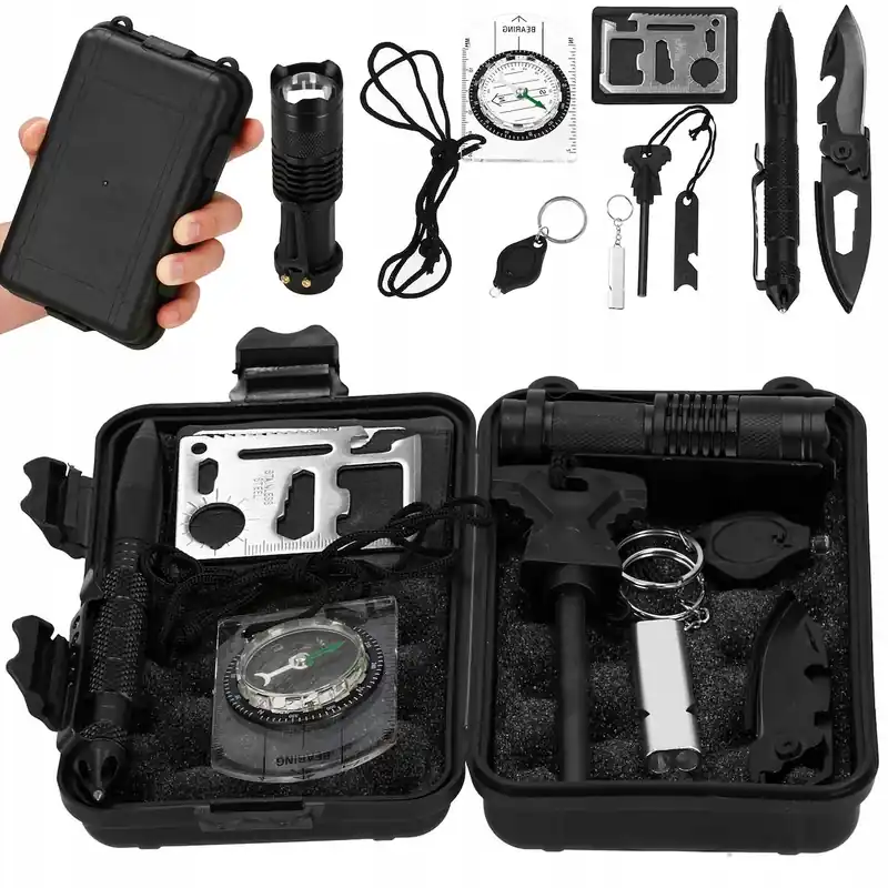 Preț mic Kit de supravietuire turistic multifunctional camping, vanatoare, pescuit, 9 piese