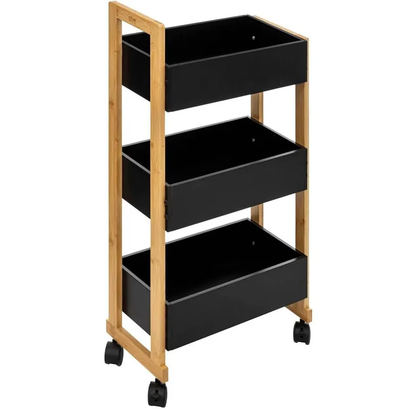 Livrare rapidă Etajera cu roti Atmosphera Natureo cu 3 niveluri, bambus si MDF, 41x20x81 cm, negru