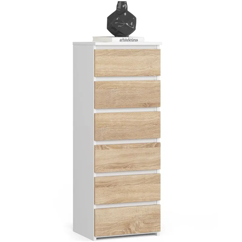 Disponibil imediat Comoda cu 6 sertare, PAL laminat 16 mm, 40x35x109 cm, alb si stejar sonoma