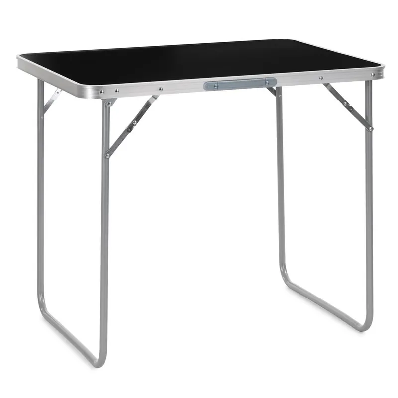 Cumpărături sigure Masa pliabila camping cu maner transport, blat MDF si cadru aluminiu, 80x60x70 cm, argintiu si negru