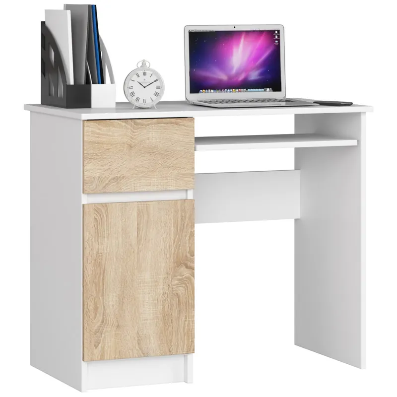Birou computer PIKSEL, cu sertar, dulap si raft pentru tastatura, stanga, 90x50x77 cm, alb si stejar sonoma Reducere