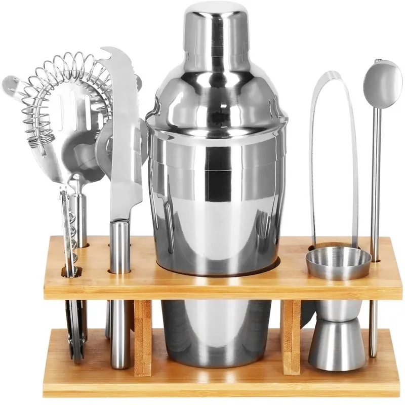 Cel mai vândut Set Cocktail Shaker Kit pentru barmani 550ml, KI22, suport bambus, 9 piese
