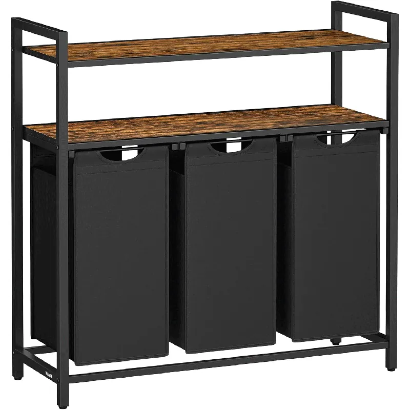 Ofertă exclusivă VASAGLE Cos de rufe cu 3 saci detasabili, 3×40 litri, 2 rafturi, structura metalica, stil industrial, 92x33x92 cm, maro rustic