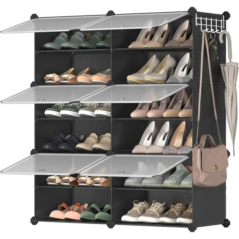 Popular SONGMICS Dulap pantofi modular cu 6 compartimente, panouri plastic si cadru metalic, 83x32x94 cm, pana la 24 perechi, negru