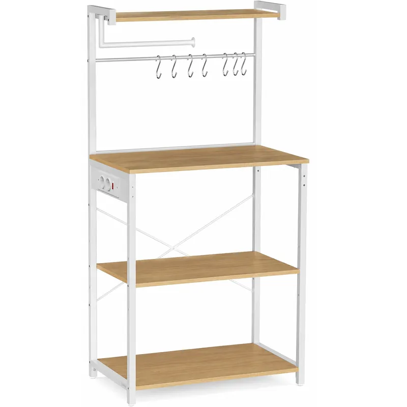Expediere rapidă VASAGLE Raft pentru bucatarie cu 4 polite, suport microunde, priza incorporata, cadru metalic, 60x40x140 cm, stejar auriu si alb