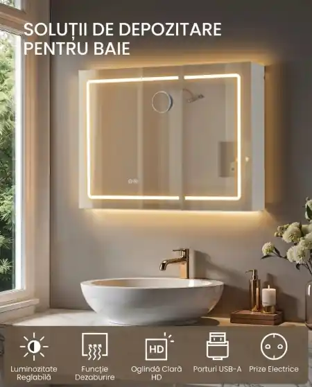 Ofertă limitată Dulap baie cu oglinda cu LED, Tiago, Alb, 80x60x16.5 cm