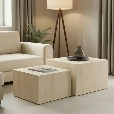 Livrare rapidă Set 2 bucati Masuta auxiliara, Coffina, Travertin, 58x58x40 cm