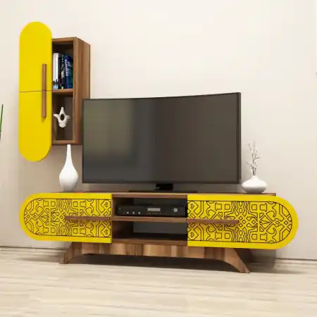 Ansamblu Comoda TV Defne - Walnut, Yellow Preț redus