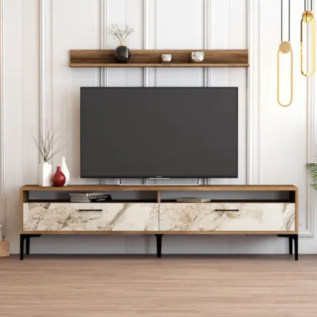 Preferatul clienților Comoda TV Istanbul - Walnut, Alb Marble