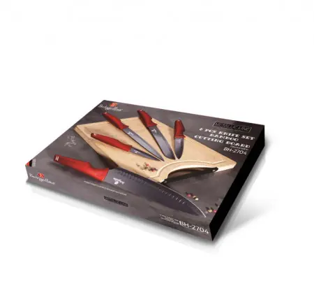 Preț redus Set 6 cutite cu tocator din bambus, Visiniu