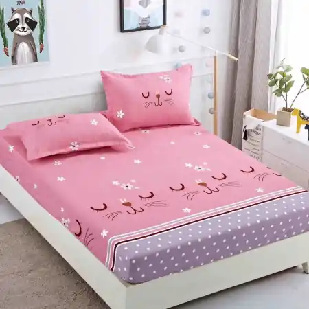 Cearsaf de pat cu elastic si 2 fete de perna Sleepy Kitty 90x200 cm (Finet) Ofertă