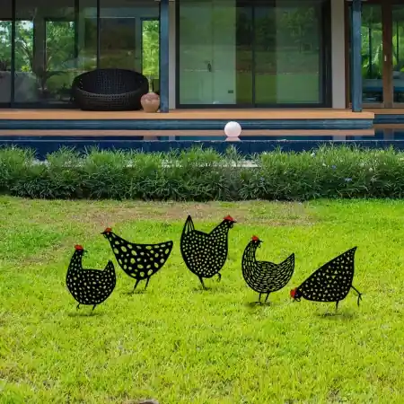Set de accesorii metalice decorative pentru gradina Chickens Negru 28x26 cm Livrare rapidă