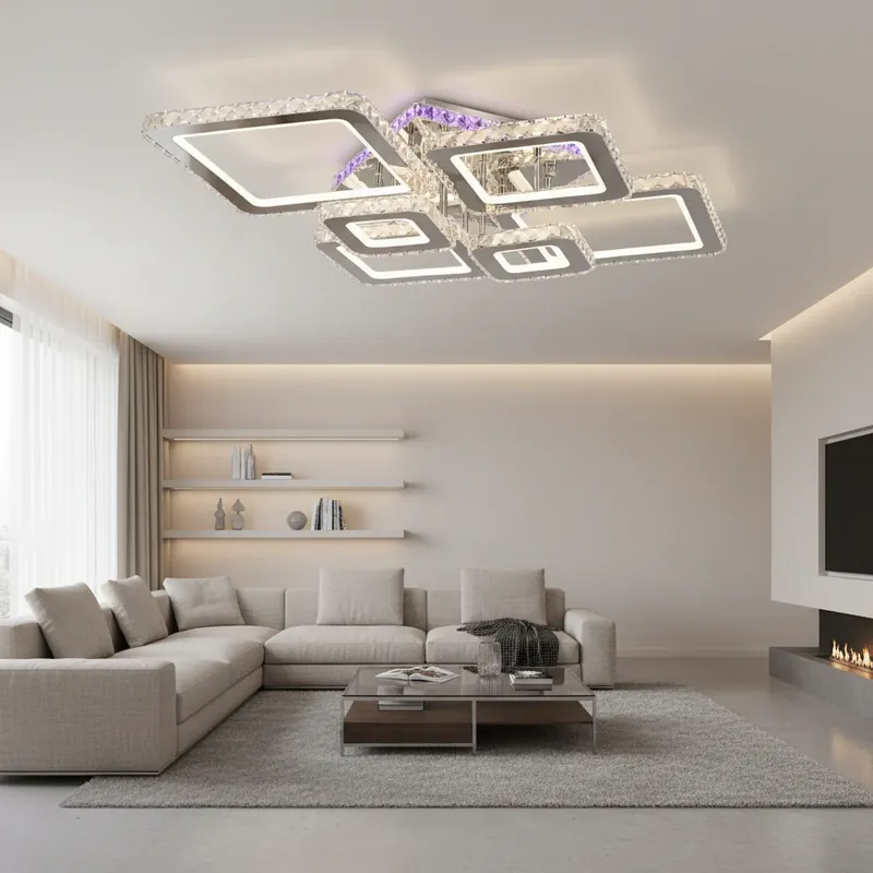 Cel mai bun preț Lustra LED cu telecomanda si cristal NOVA RHOMBA RGB 168W, 6 Patrate, lumina Rece/Calda/Neutra, Dimabila, Crom Lucios