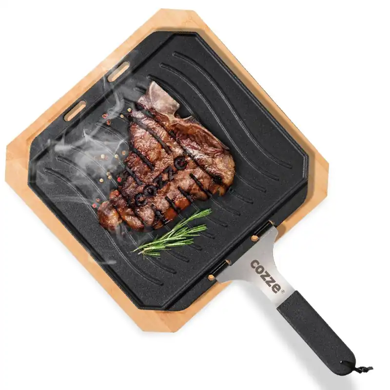 Tava reversibila din fonta cu suport din bambus pentru servire Cozze 33 x 33 cm 90327 Livrare rapidă