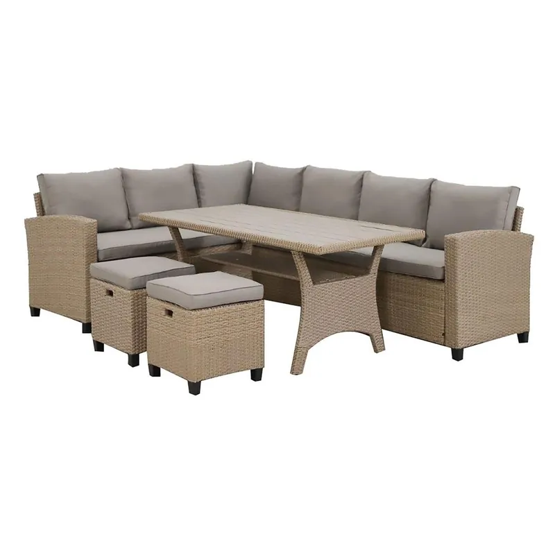 Set mobilier gradina coltar cu spatiu depozitare, masa si 2 tabureti Baxter Preferatul clienților