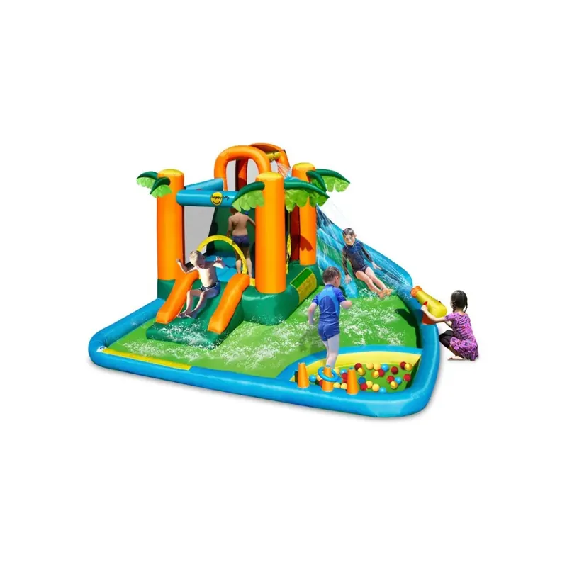 Saltea gonflabila oasis 7 in 1, cu loc de joaca cu bile, tun cu apa, spatiu de catarat, doua tobogane, 30 bile plastic inlcuse Popular