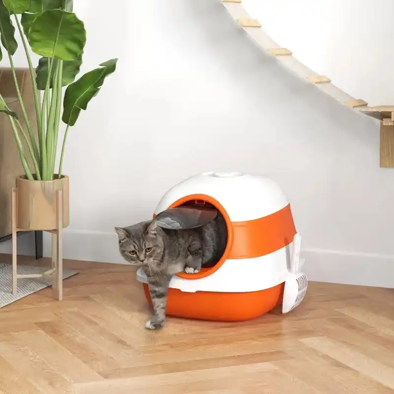 Litieră pentru pisici cu capac și lopățică 52 x 41 x 38 cm portocaliu-alb Ofertă de sezon