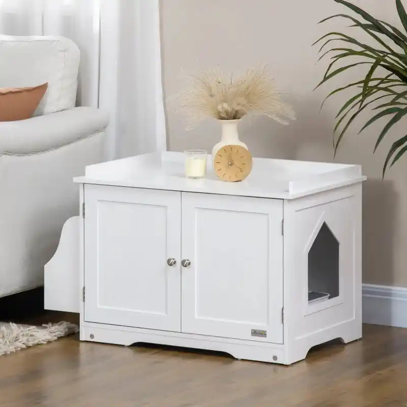 Dulăpior pentru pisici cu ușiță pentru nisip 86 x 48 x 52 cm alb Ofertă limitată